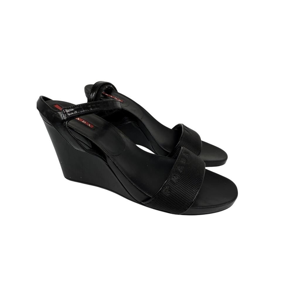 Prada Patent Leather Open Toe Ankle Strap Wedge Sandals Black Women's Size 36 - Picture 2 of 10